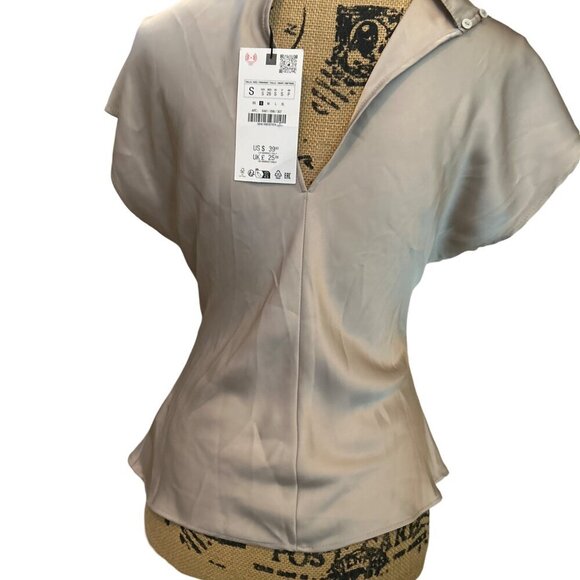 Zara Woman Satin Draped Waist Top Blouse Beige Size Small - Picture 3 of 5